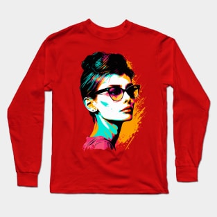 Audrey Hepburn Colorful and Minimalist Pop Art Style Long Sleeve T-Shirt